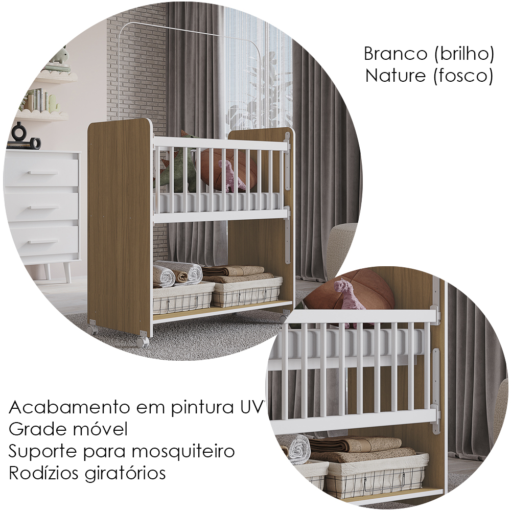Mini Berço Grade Movel 89 cm Outside Branco Nature Mobbs