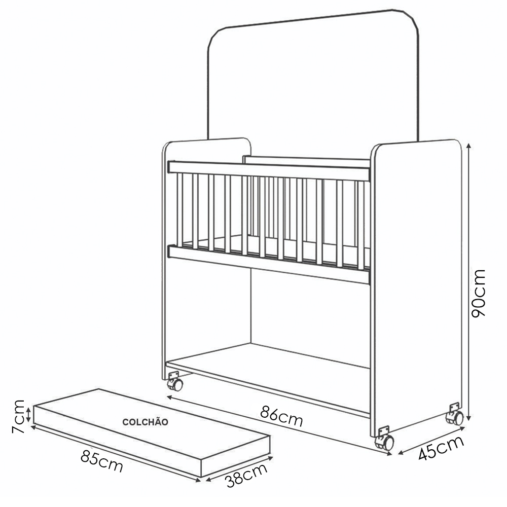 Mini Berço Grade Movel 89 cm Outside Branco Rosa Mobbs