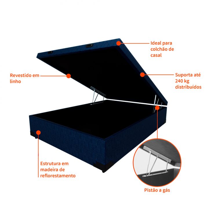 [OUTLET] Base para Cama Box Casal Martin Premium com Baú Linho (47x138x188 cm) Azul Marinho