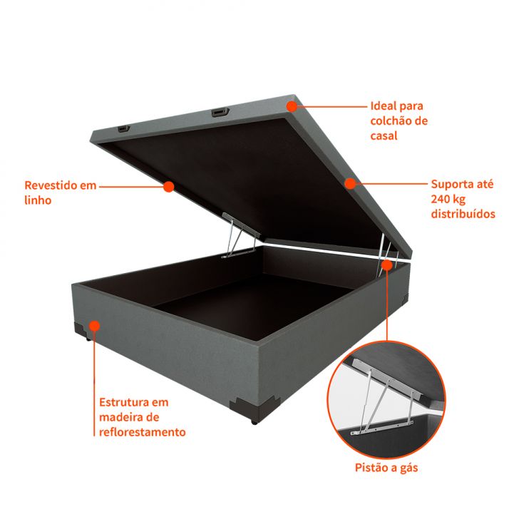 [OUTLET] Base para Cama Box Casal Martin Premium com Baú Linho (47x138x188 cm) Cinza