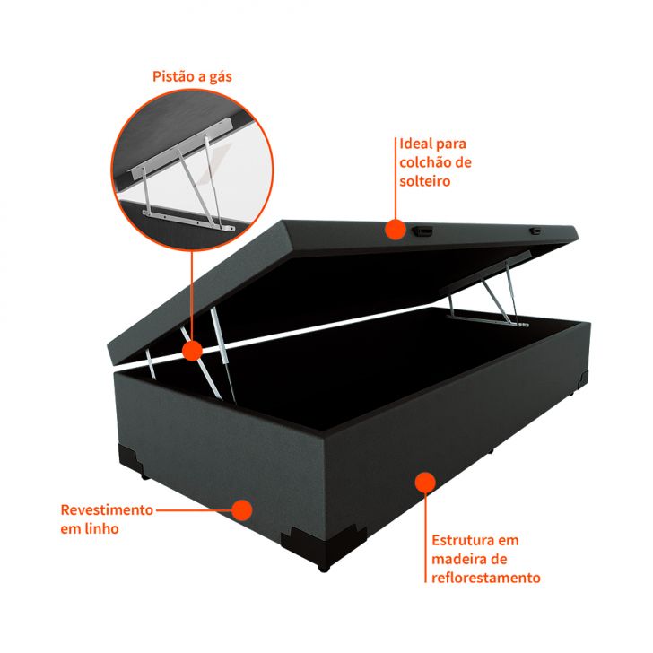 [OUTLET] Base para Cama Box Solteiro Martin Premium com Baú Linho (47x88x188 cm) Cinza