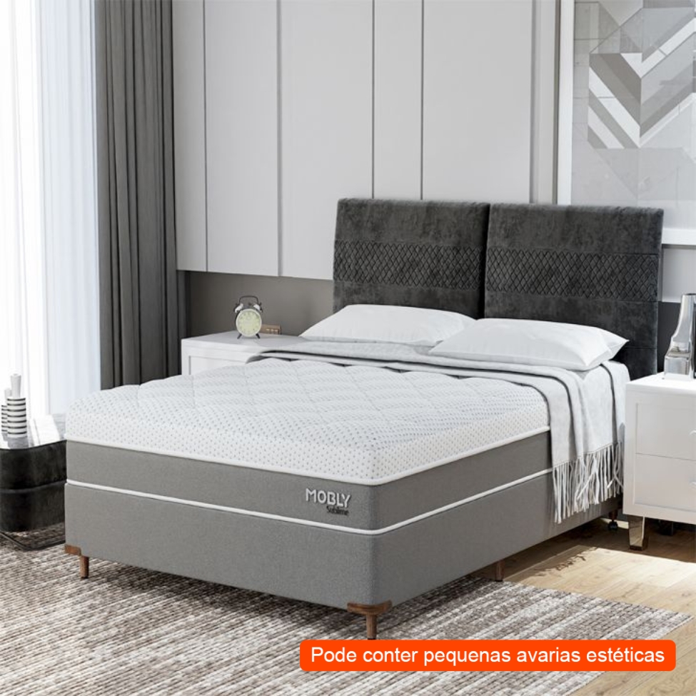 [OUTLET] Cama Box Casal com Colchão Sublime Mola Ensacada e Espuma Viscoelástica (32x138x188) Cinza e Branco