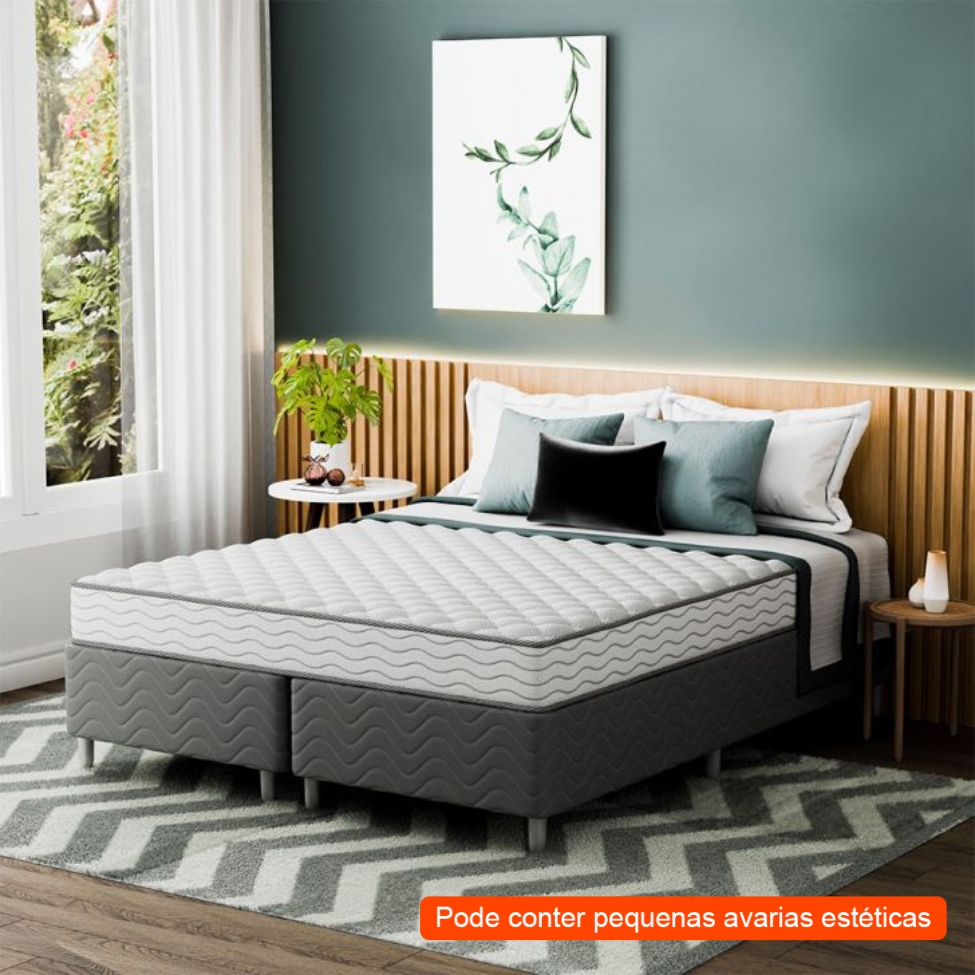 [OUTLET] Cama Box com Colchão Queen Howie Misto D45 (17x158x198) Branco e Cinza