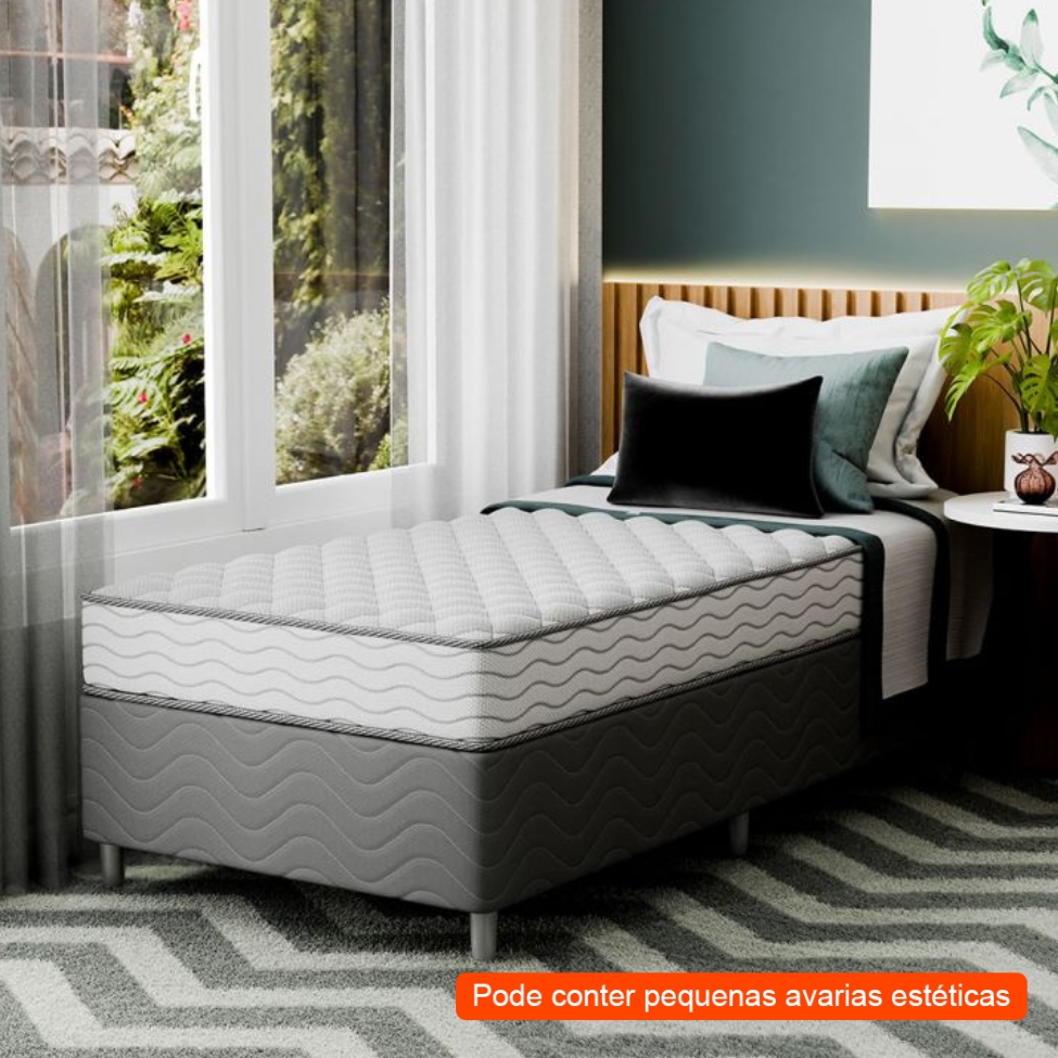 [OUTLET] Cama Box com Colchão Solteiro Howie Espuma D33 (17x88x188) Branco e Cinza
