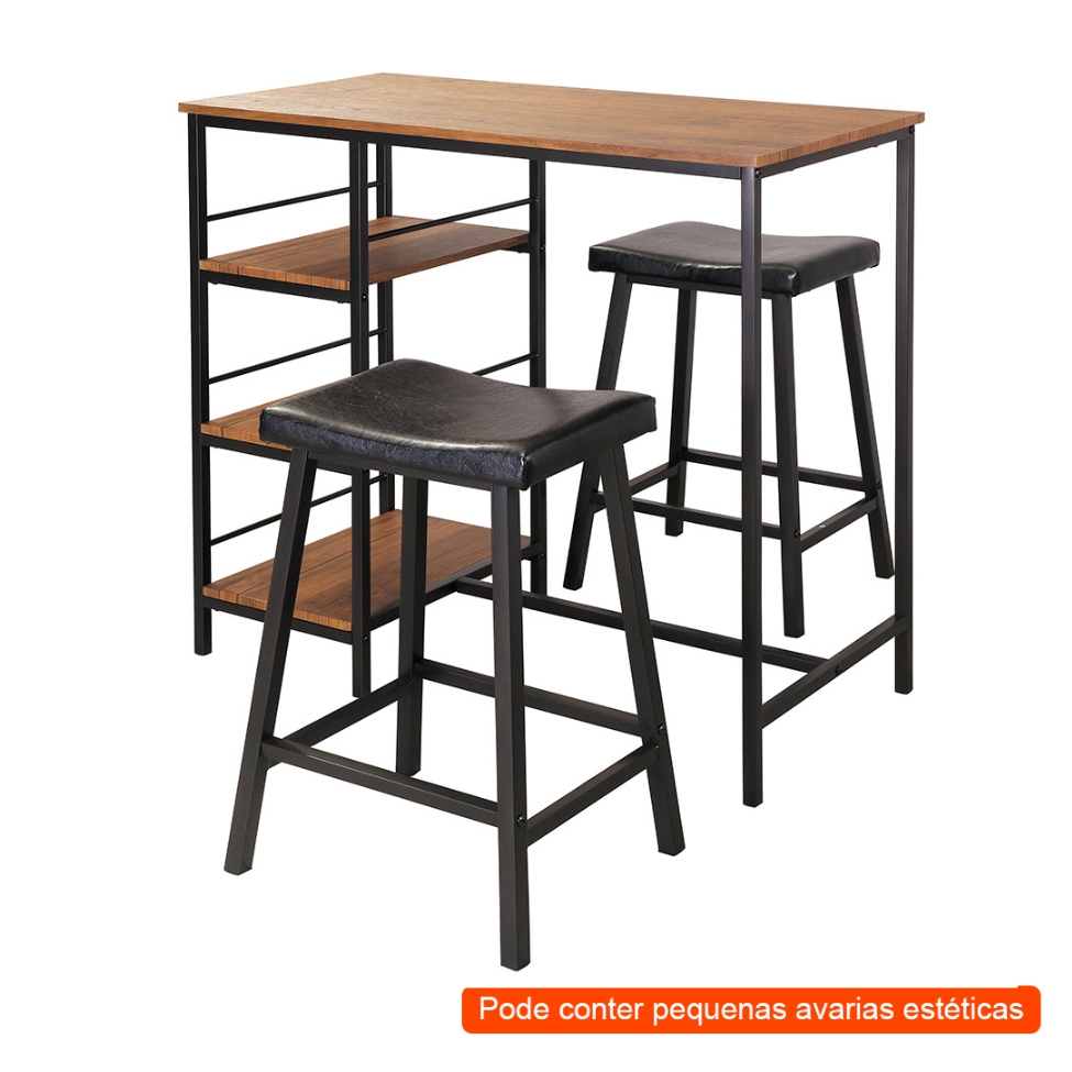 [OUTLET] Conjunto Bancada Balcão com 2 Bancos e 3 Nichos Wilbur Preto e Amêndoa