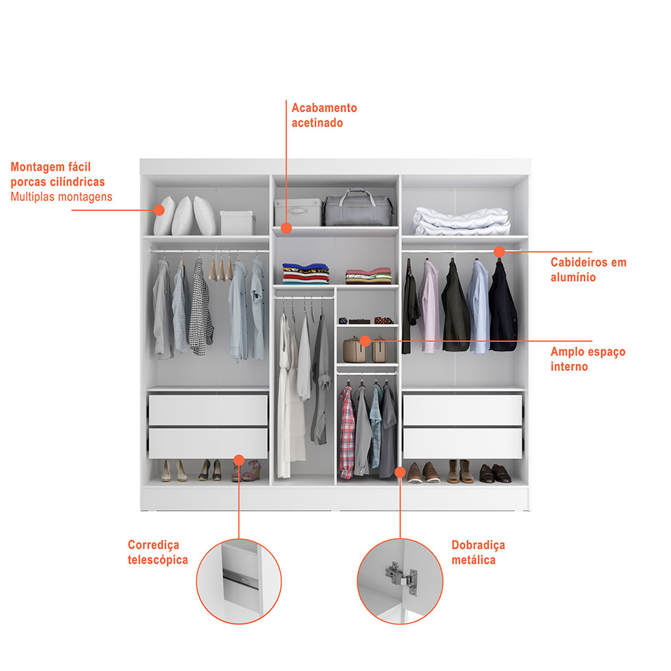 [OUTLET] Guarda-Roupa Casal Ana 6 PT 4 GV Branco 240 cm