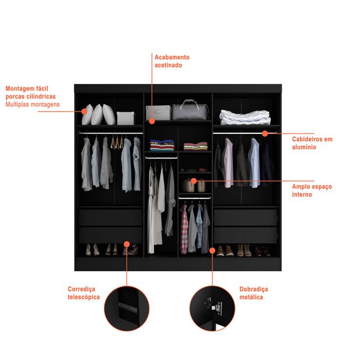 [OUTLET] Guarda-Roupa Casal Ana 6 PT 4 GV Preto 240 cm