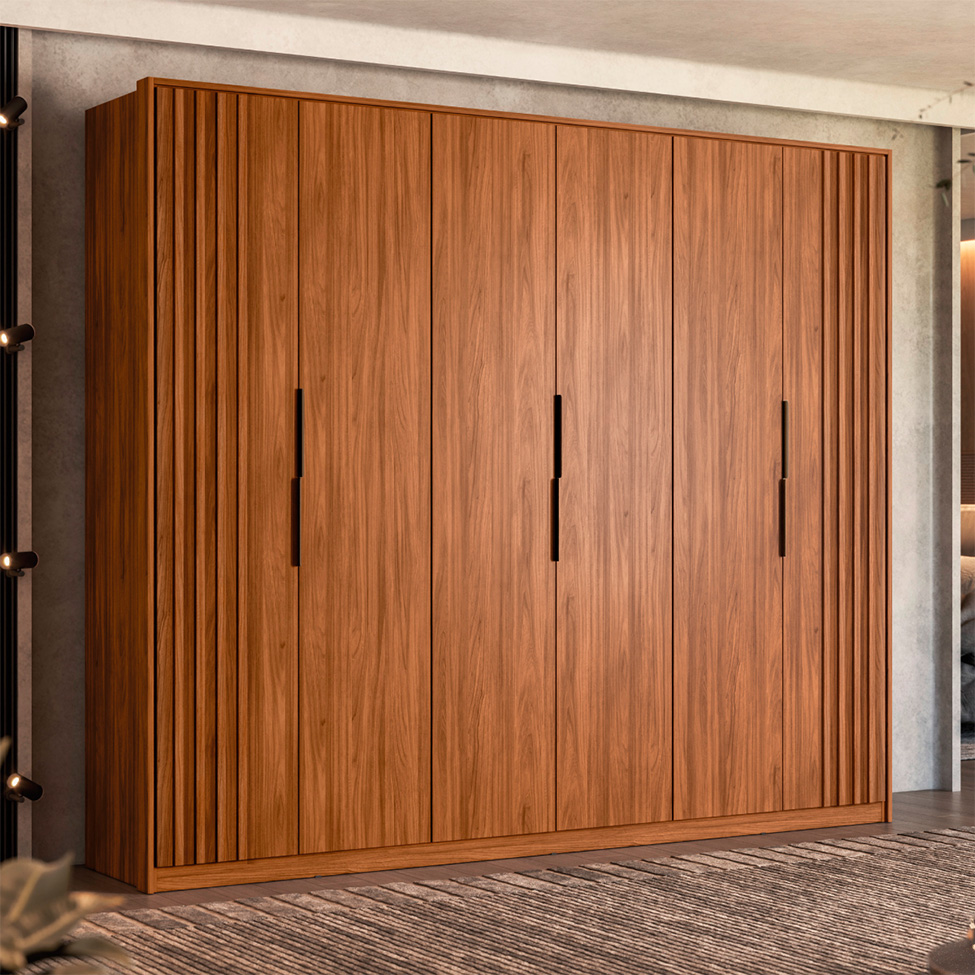 [OUTLET] Guarda-Roupa Casal Atrice com Detalhe Ripado 6 Portas 6 Gavetas Nogueira