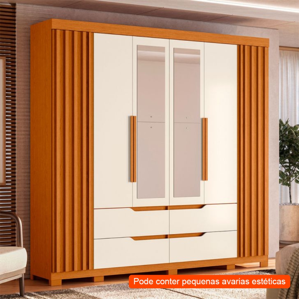 [OUTLET] Guarda-Roupa Casal com Espelho Doble 4 Portas 4 Gavetas Cinamomo e Off White