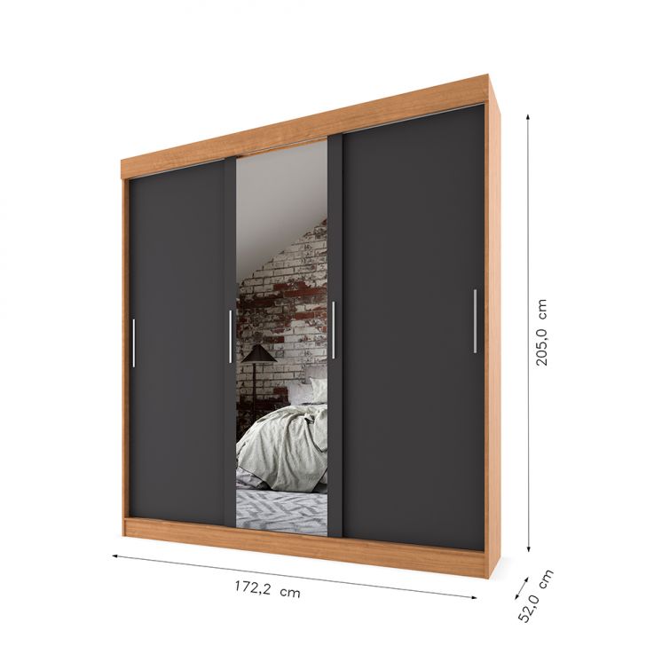 [OUTLET] Guarda-Roupa Casal com Espelho Paris 3 PT 2 GV Naturale e Grafite