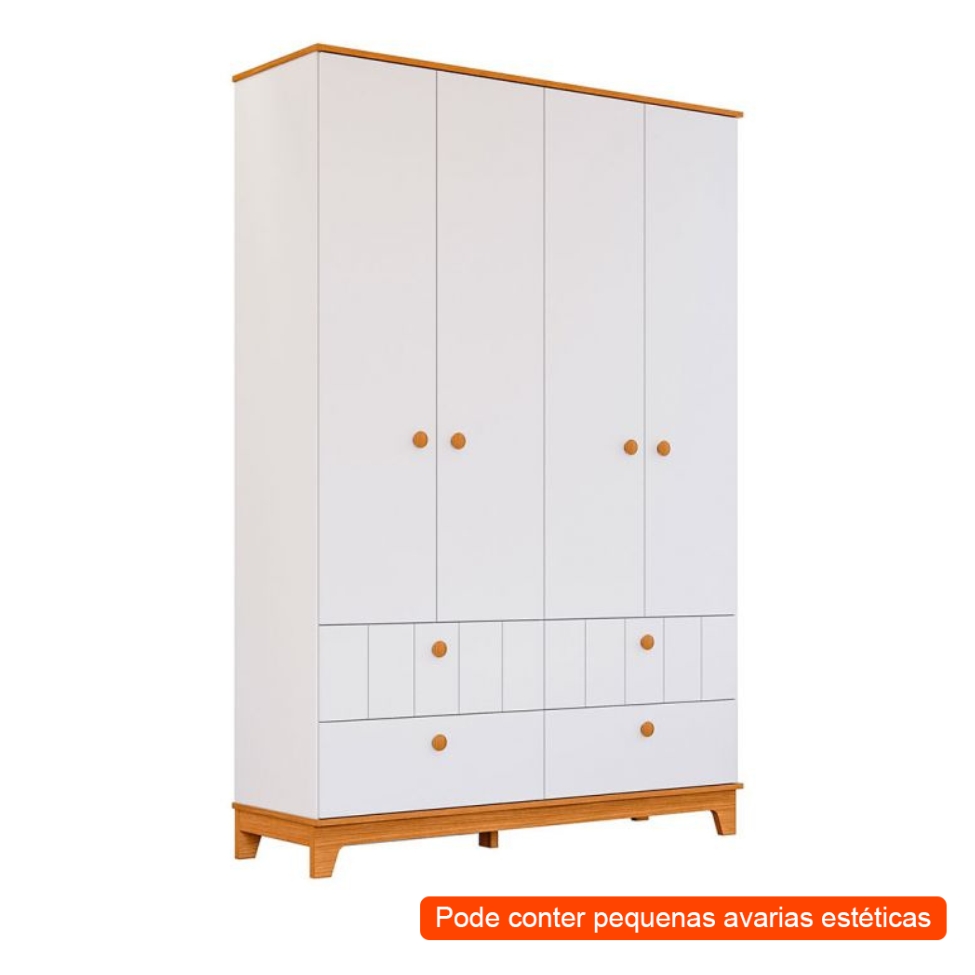 [OUTLET] Guarda-Roupa Infantil Biscoito 4 PT 4 GV Branco e Nature