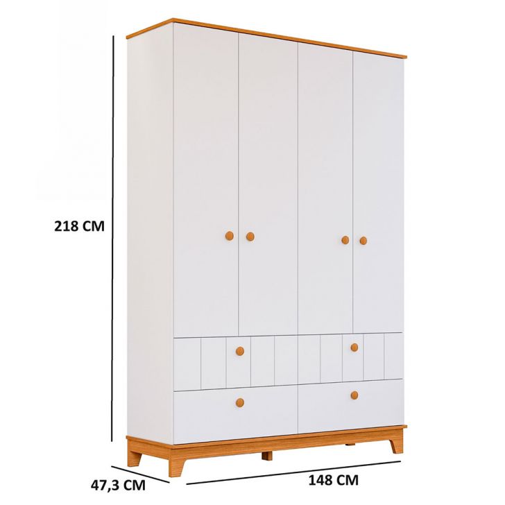[OUTLET] Guarda-Roupa Infantil Biscoito 4 PT 4 GV Branco e Nature
