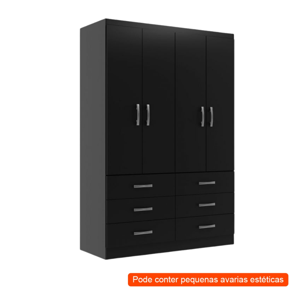 [OUTLET] Guarda-Roupa Solteiro Treviso 4 Portas 6 Gavetas Preto