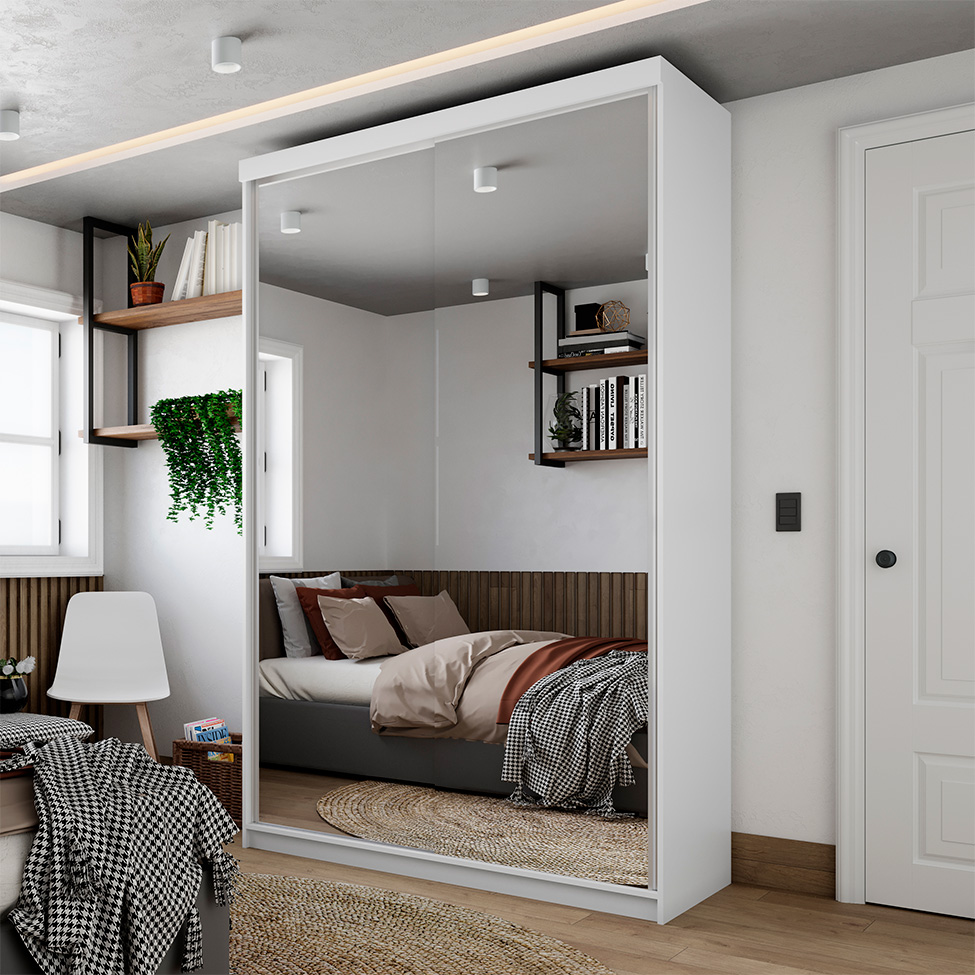 [OUTLET] Guarda-Roupa Solteiro com 2 Espelhos Geneve 2 Portas 2 Gavetas Branco