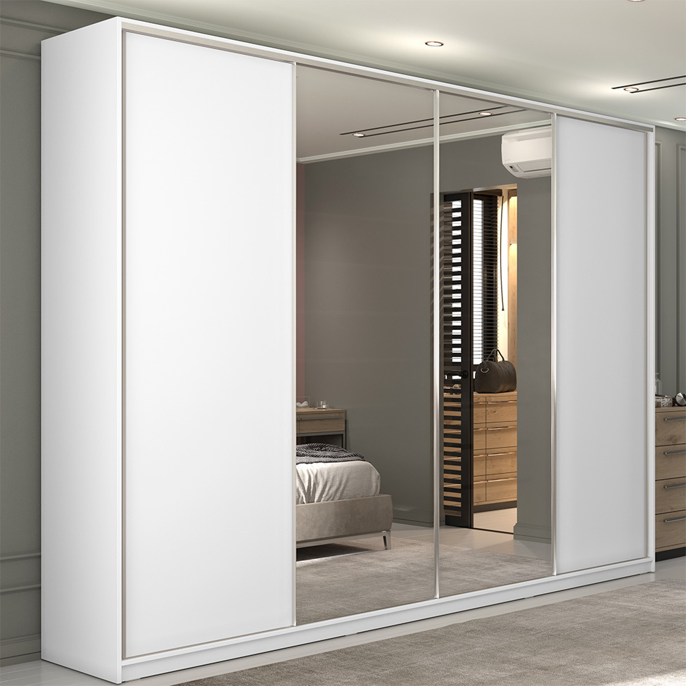 [OUTLET] Guarda-Roupa Solteiro com Espelho Zermatt 100% MDF  4 Portas 6 Gavetas Branco