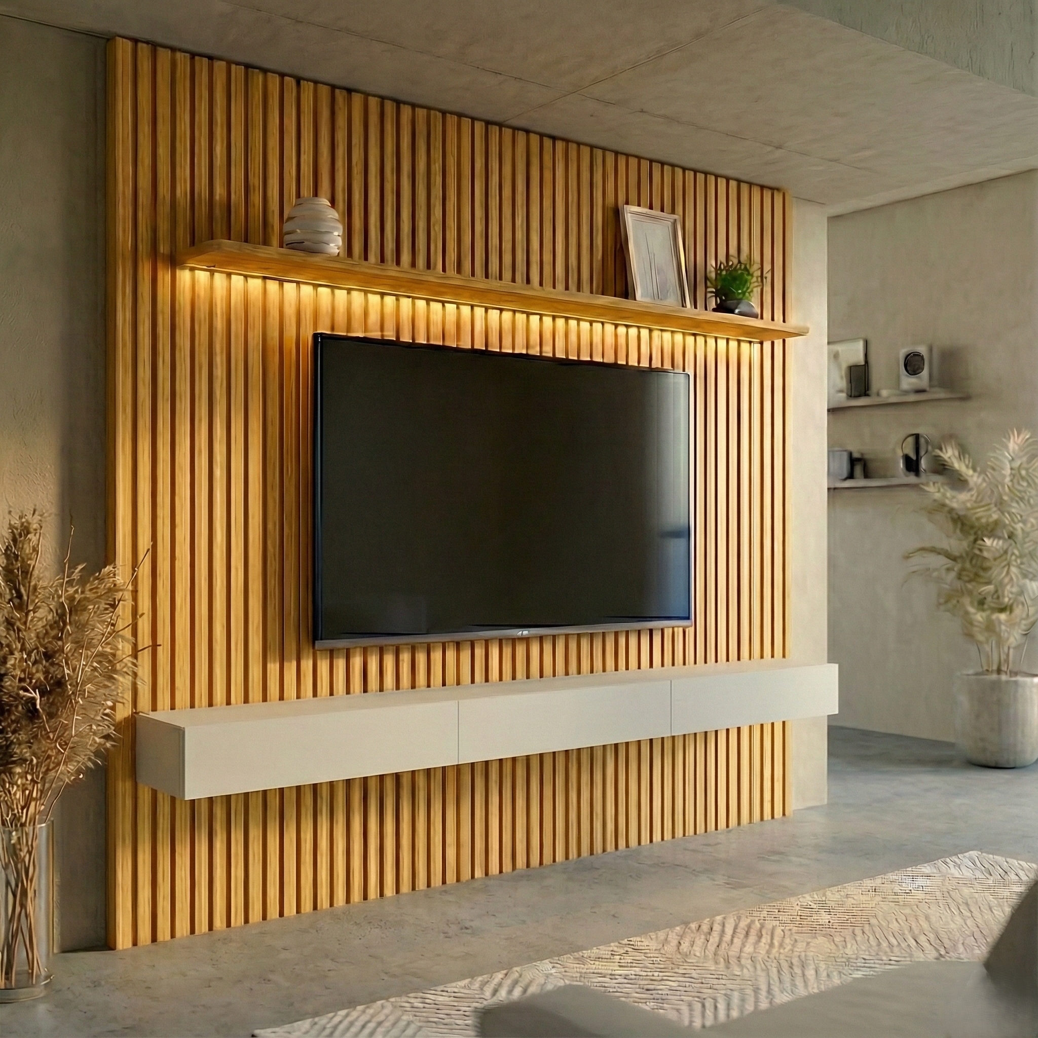 [OUTLET] Painel Ripado com Rack Suspenso até 70 Polegadas Tulum com LED 1 PT 2 GV Cedro e Off White Alt 242 Larg 222 cm