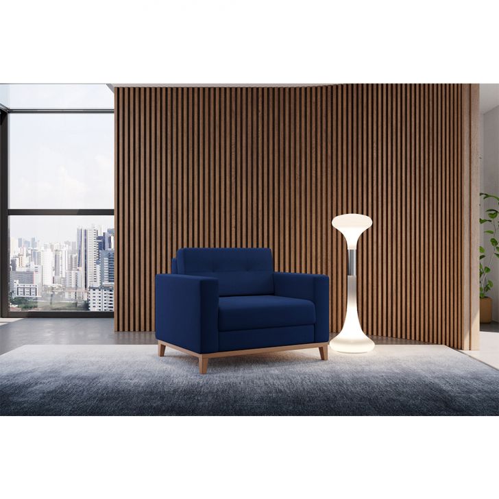 [OUTLET] Poltrona Living Pés e Base em Madeira Linho Cotton Azul Marinho