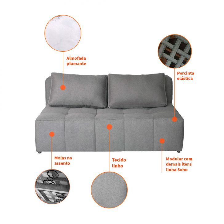 [OUTLET] Sofá 2 Lugares Modular Soho Linho Cinza