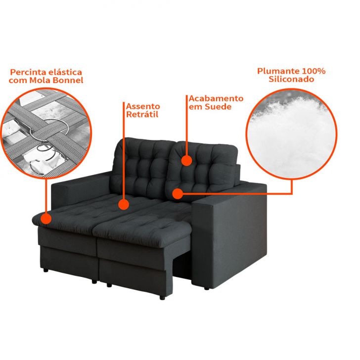 [OUTLET] Sofá 2 Lugares Retrátil Lubeck Plush Suede Grafite 140 cm