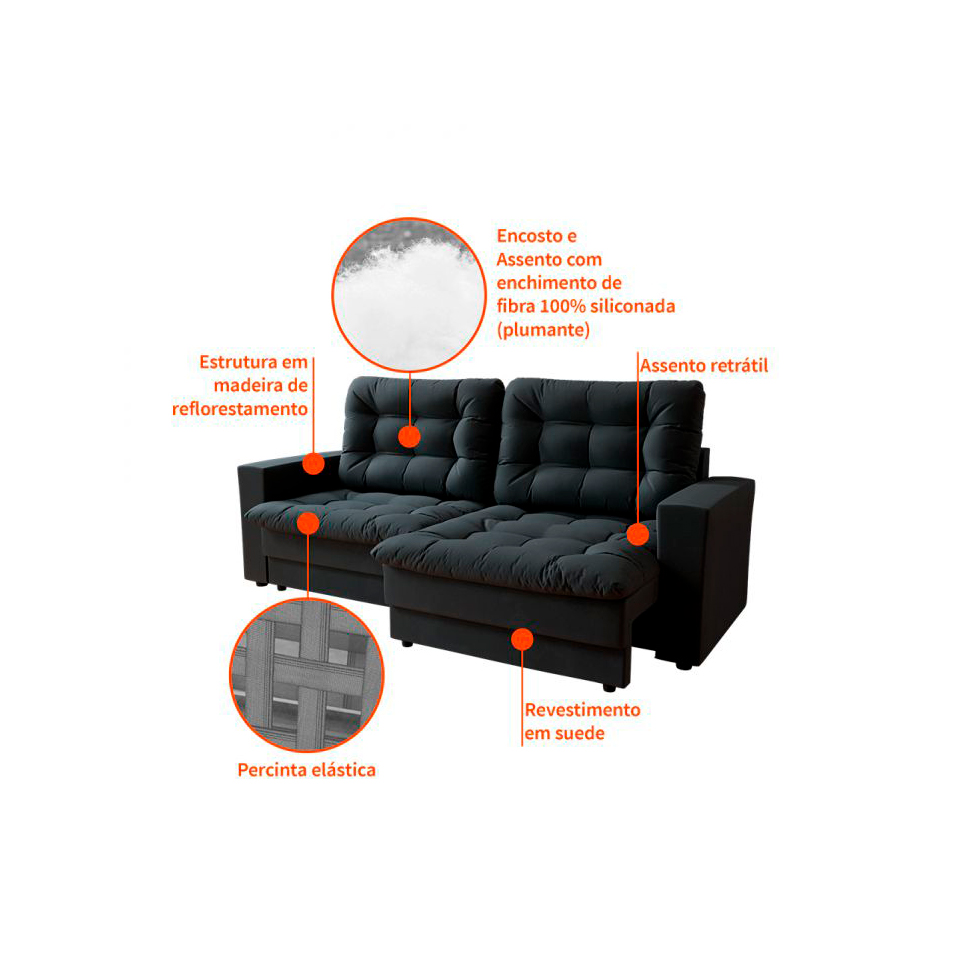 [OUTLET] Sofá 3 Lugares 180 cm Retrátil Lubeck Plush Suede Grafite