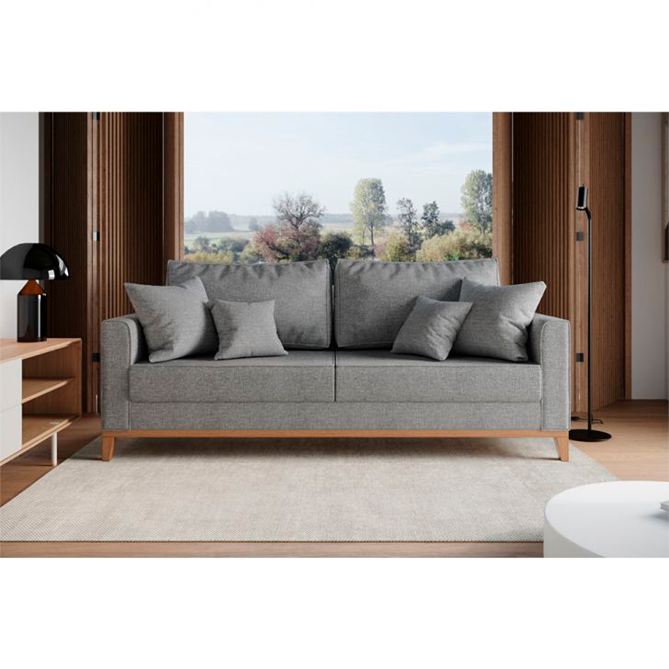 [OUTLET] Sofá 3 Lugares Beny Base de Madeira Linho Cotton Cinza