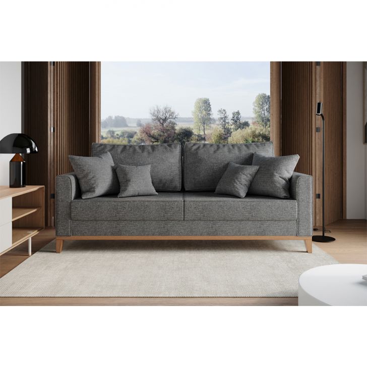 [OUTLET] Sofá 3 Lugares Beny Base de Madeira Linho Cotton Grafite