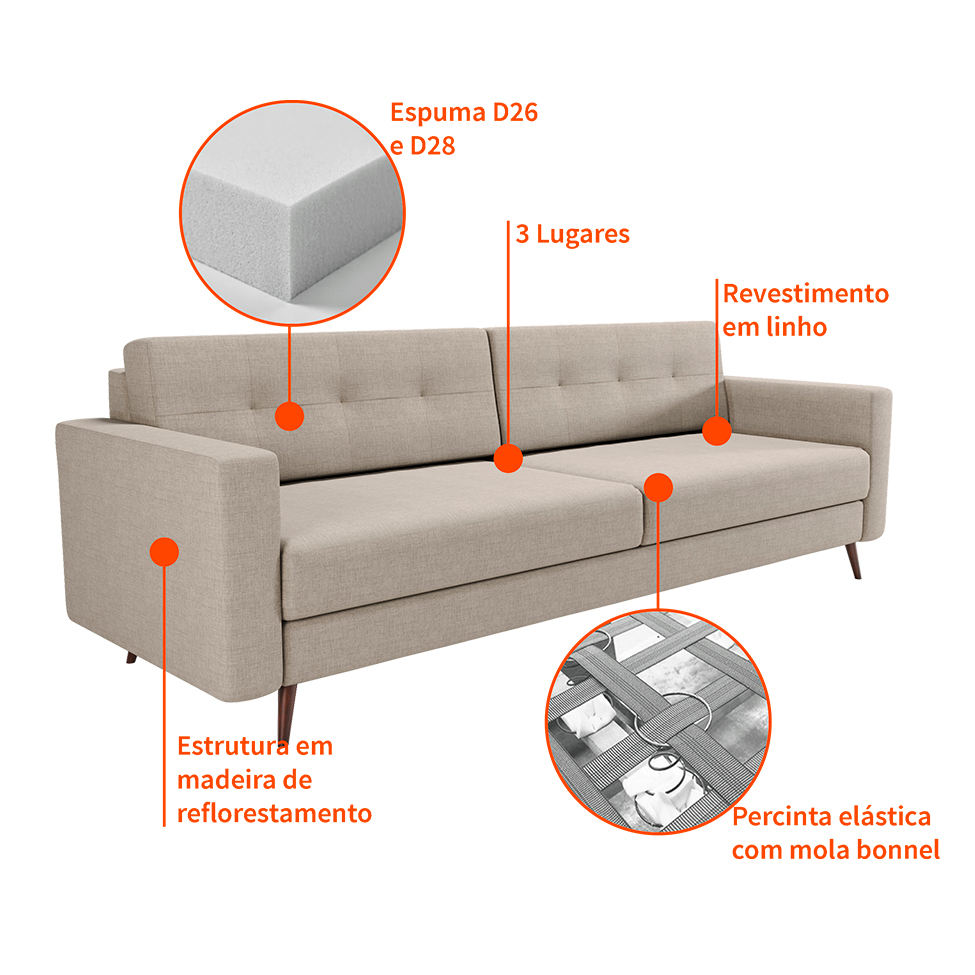 [OUTLET] Sofá 3 Lugares Living Pé Palito Linho Cotton Cru 210 cm
