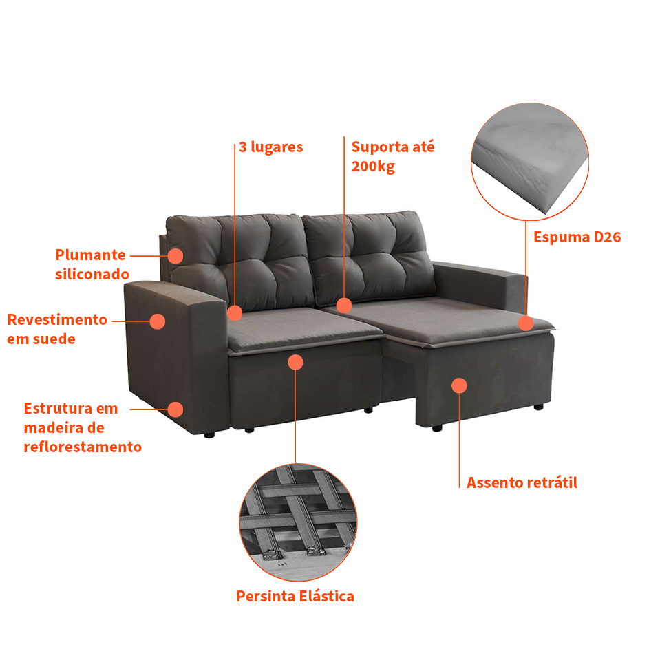 [OUTLET] Sofá 3 Lugares Retrátil Amsterdã I Suede Grafite 180 cm