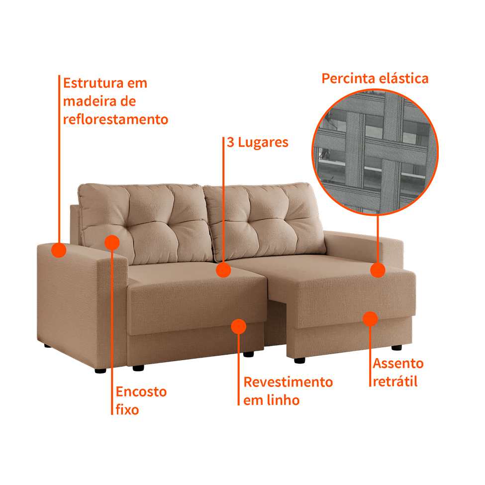 [OUTLET] Sofá 3 Lugares Retrátil Lubeck Linho Bege