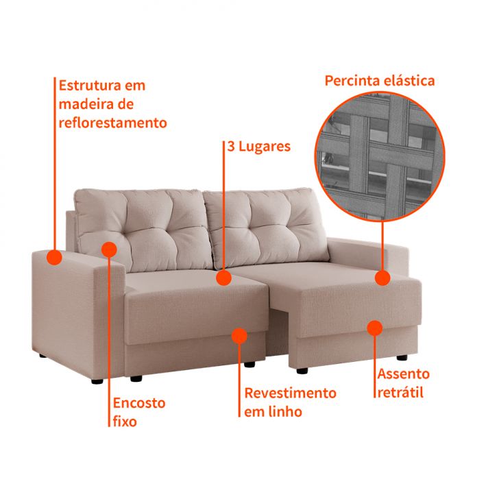 [OUTLET] Sofá 3 Lugares Retrátil Lubeck Linho Cru