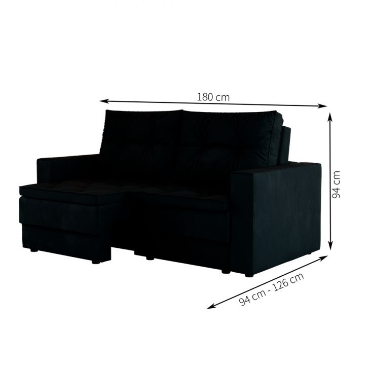 [OUTLET] Sofá 3 Lugares Retrátil Lucerna Suede Preto 180 cm