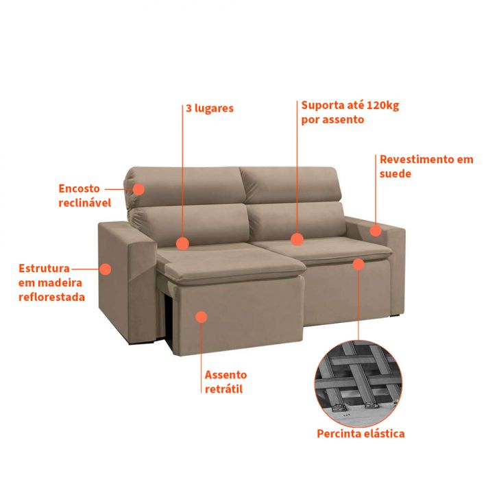 [OUTLET] Sofá 3 Lugares Retrátil e Reclinavél Hanôver Suede Bege 180 cm