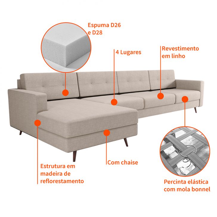 [OUTLET] Sofá 4 Lugares Living com Chaise Esquerdo Pé Palito Linho Cotton Cru