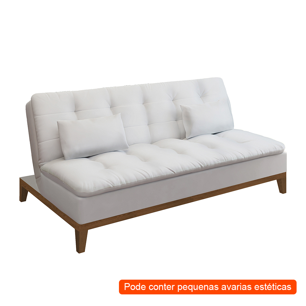 [OUTLET] Sofá-Cama 3 Lugares Casal Premium Base e Pés de Madeira Couro Sintético Branco