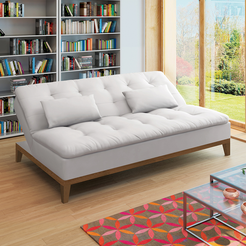 [OUTLET] Sofá-Cama 3 Lugares Casal Premium Base e Pés de Madeira Couro Sintético Branco
