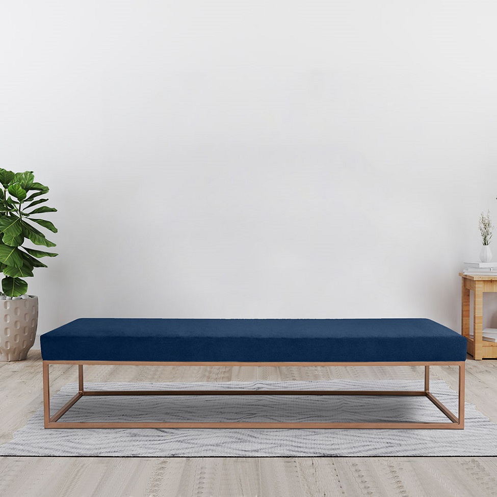 Banco 2 Lugares Giulia Veludo Azul e Dourado 140 cm