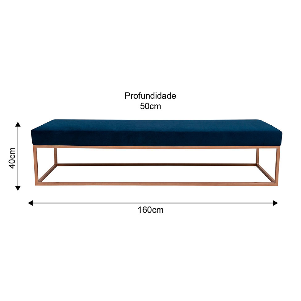 Banco 2 Lugares Giulia Veludo Azul e Dourado 160 cm