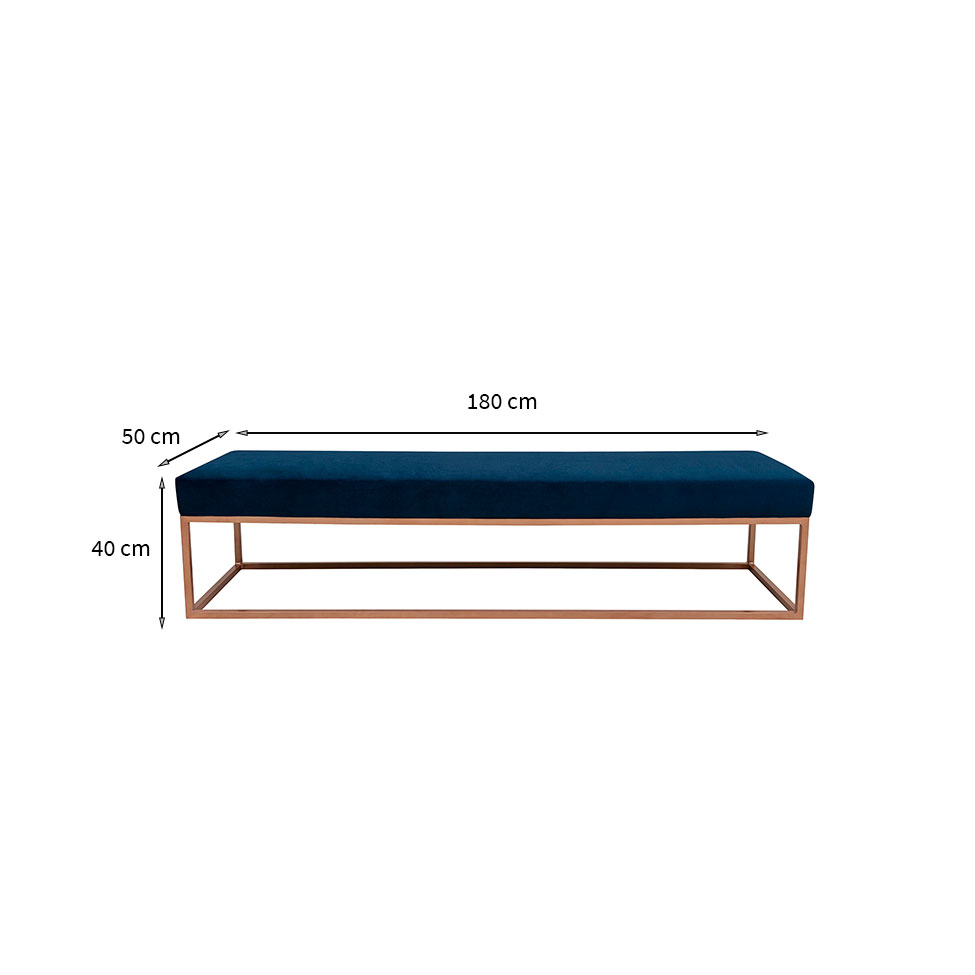 Banco 3 Lugares Giulia Veludo Azul e Dourado 180 cm