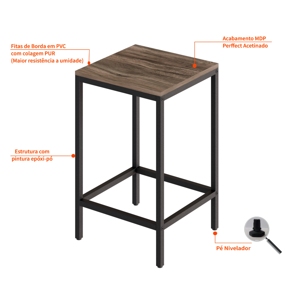 Banco Alto Wooden Carvalho Dark e Preto