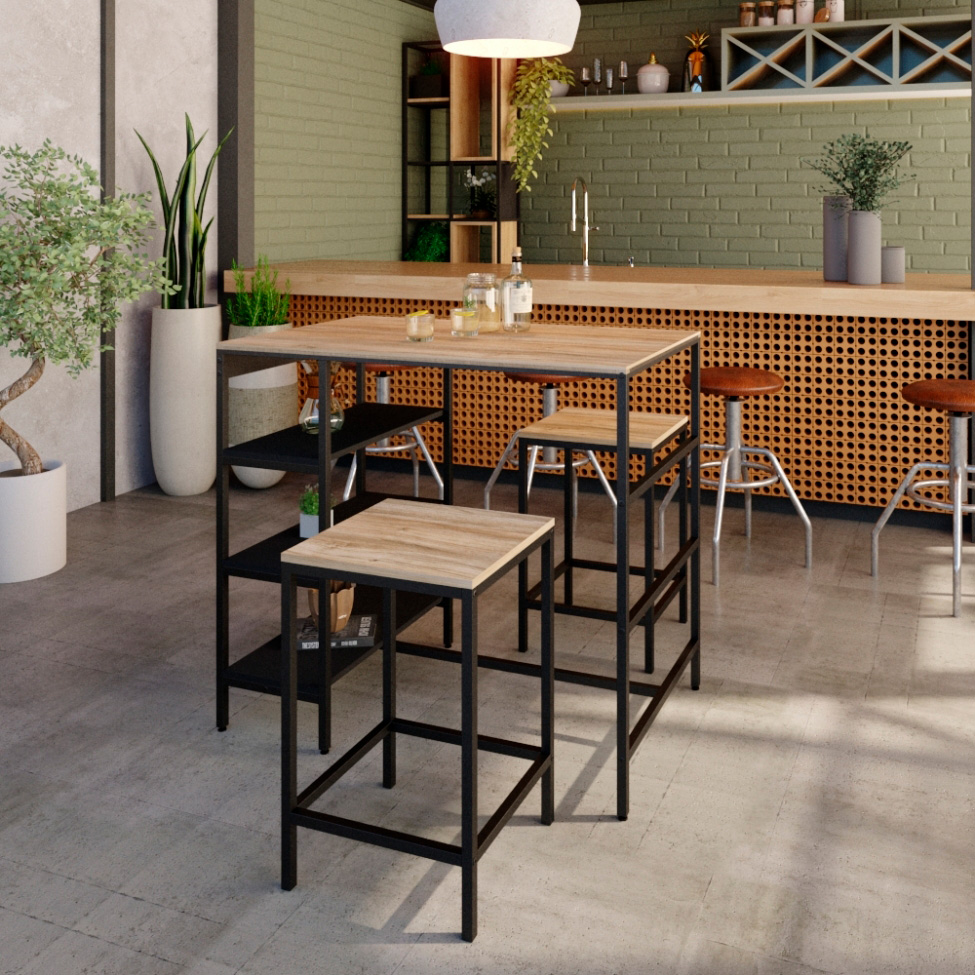 Banco Alto Wooden Carvalho e Preto