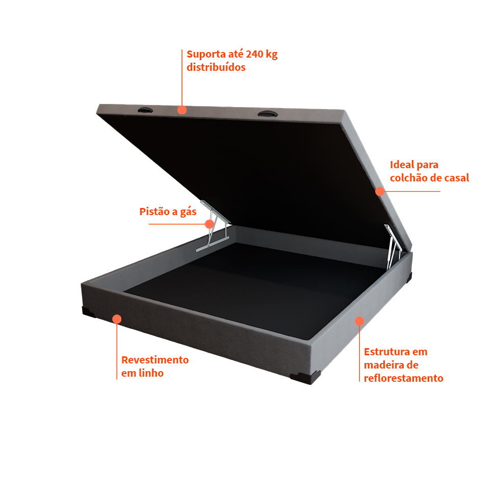 Base para Cama Box Casal Guldi com Baú Linho (47x138x188 cm) Cinza
