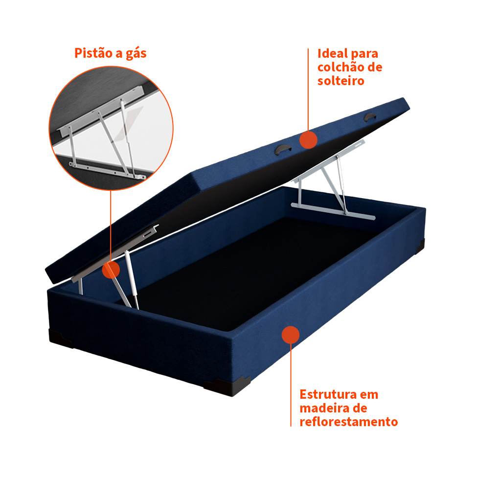 Base para Cama Box Solteiro Guldi com Baú Linho (47x88x188 cm) Azul Marinho