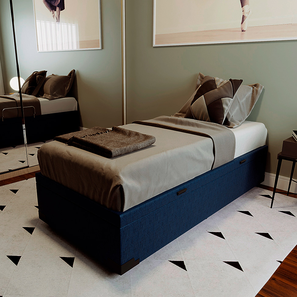 Base para Cama Box Solteiro Guldi com Baú Linho (47x88x188 cm) Azul Marinho