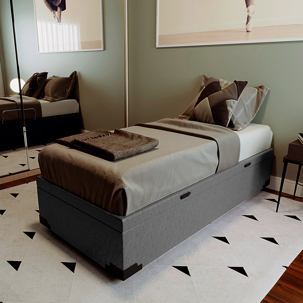 Base para Cama Box Solteiro Guldi com Baú Linho (47x88x188 cm) Cinza