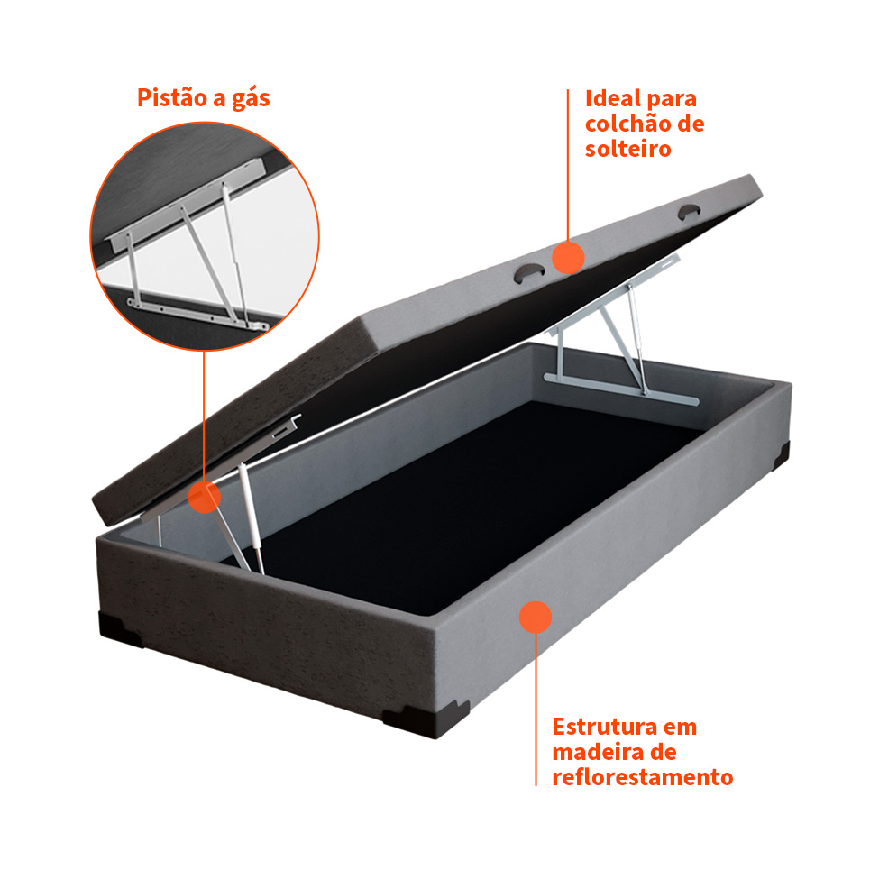 Base para Cama Box Solteiro Guldi com Baú Linho (47x88x188 cm) Cinza