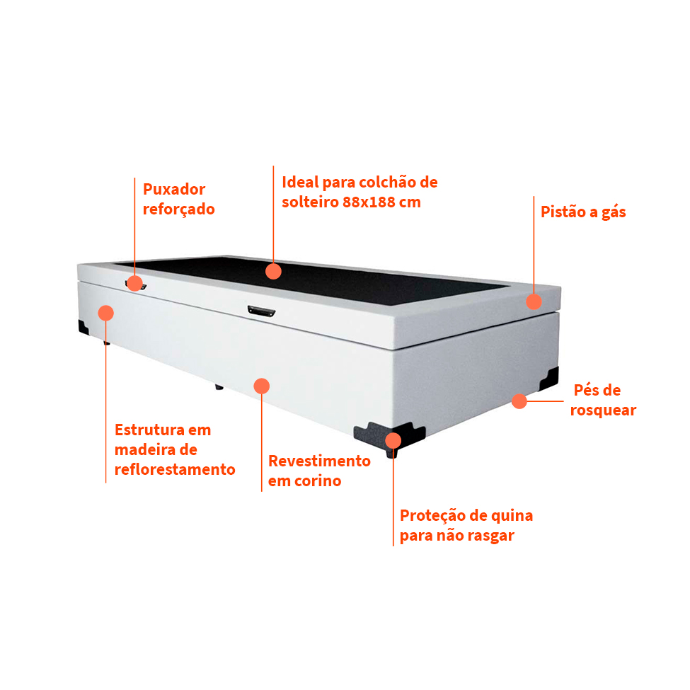 Base para Cama Box Solteiro Martin Premium com Baú (45x88x188) Branca