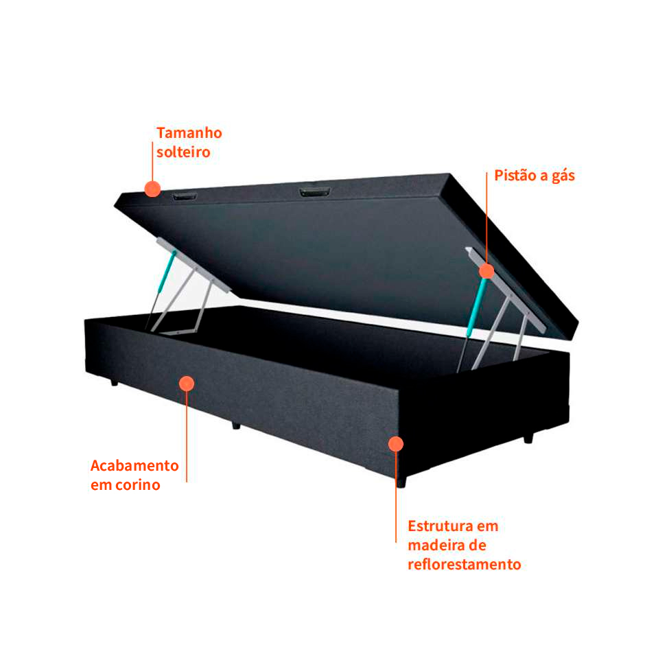 Base para Cama Box Solteiro Martin Premium com Baú (45x88x188) Preta