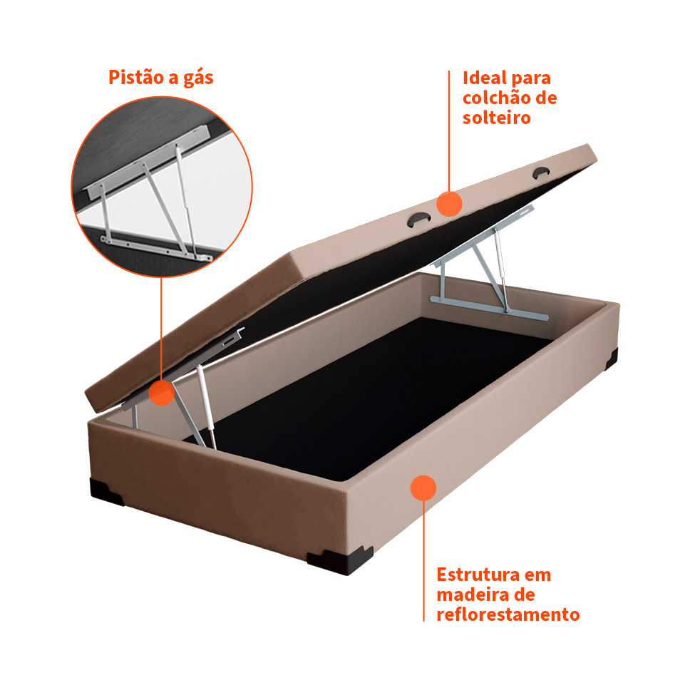 Base para Cama Box Solteiro Martin Premium com Baú Linho (47x88x188 cm) Bege