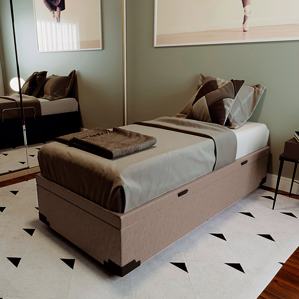 Base para Cama Box Solteiro Martin Premium com Baú Linho (47x88x188 cm) Cru
