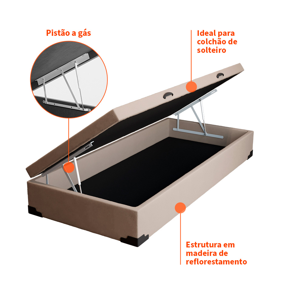 Base para Cama Box Solteiro Martin Premium com Baú Linho (47x88x188 cm) Cru